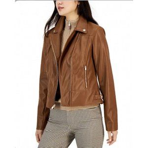 Tommy Hilfiger Womens Faux-Leather Moto Jacket Brown Size M ~New With Defect ~